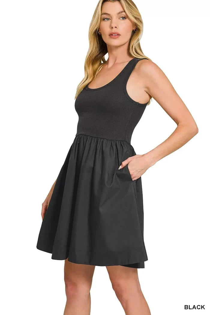 Zenana Mixed Knit & Woven Midi Dress